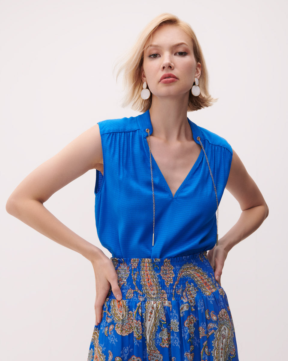 Blusa Azul Cobalto Escote V Jaretas Met√°licas