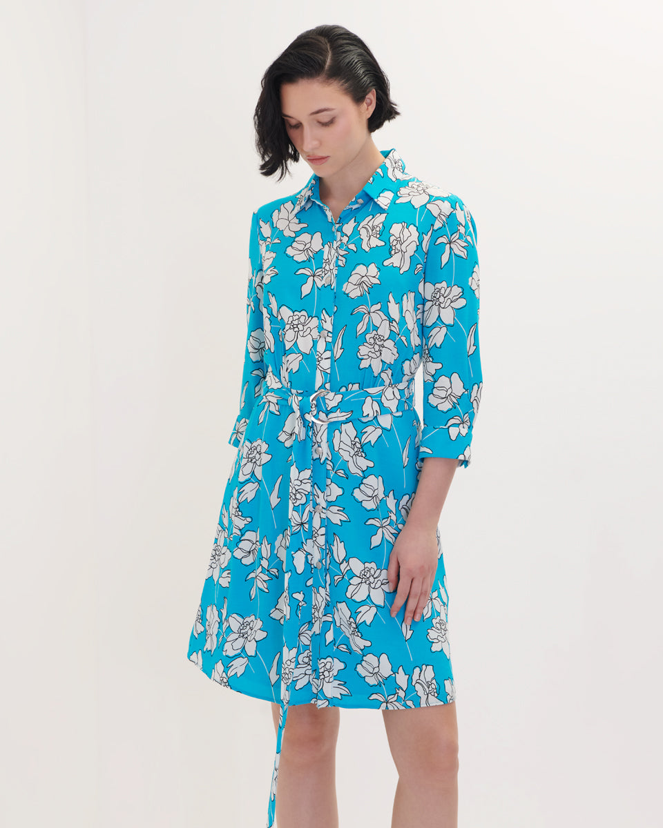 Vestido camisero azul estampado floral con banda