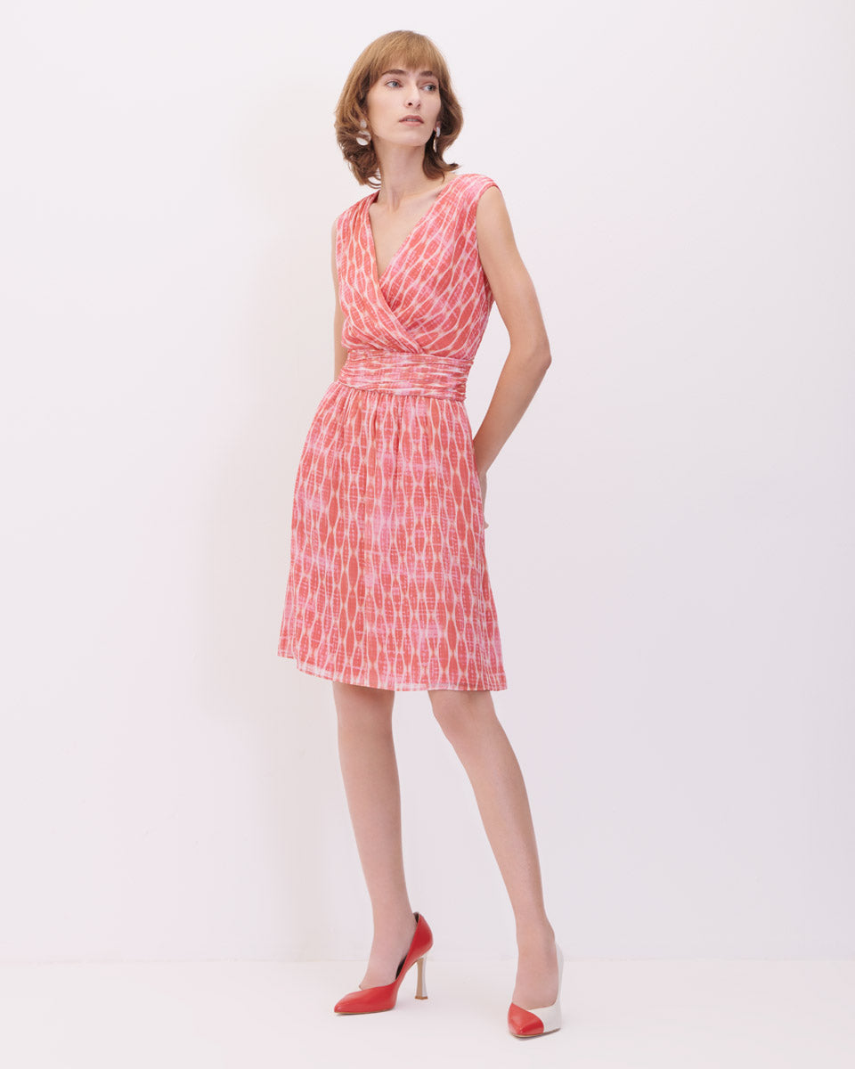 Vestido De Chifón Rosa Cruzado Estampado Tie Dye